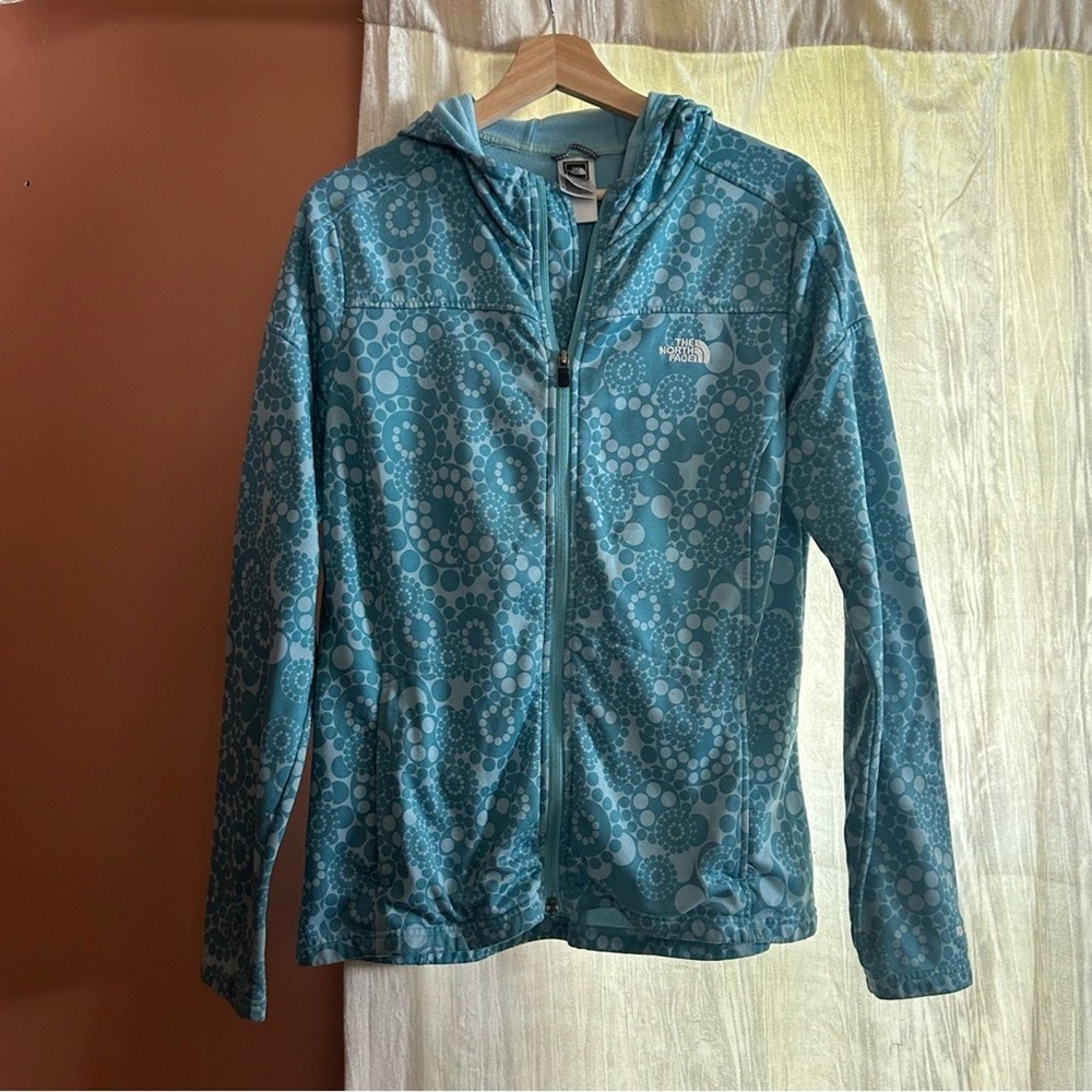 The North Face Fleece Lined TKA Stretch Zip Up Jacket Hoodie Blue Floral Size L